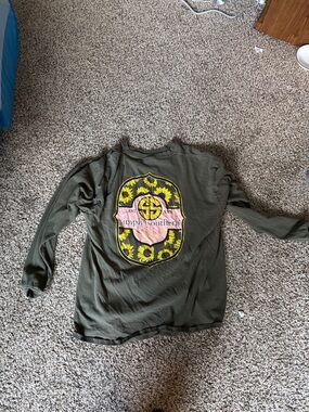 Simply Southern Olive Green Long Sleeve Tee with Sunflower Crest and Pink Banner